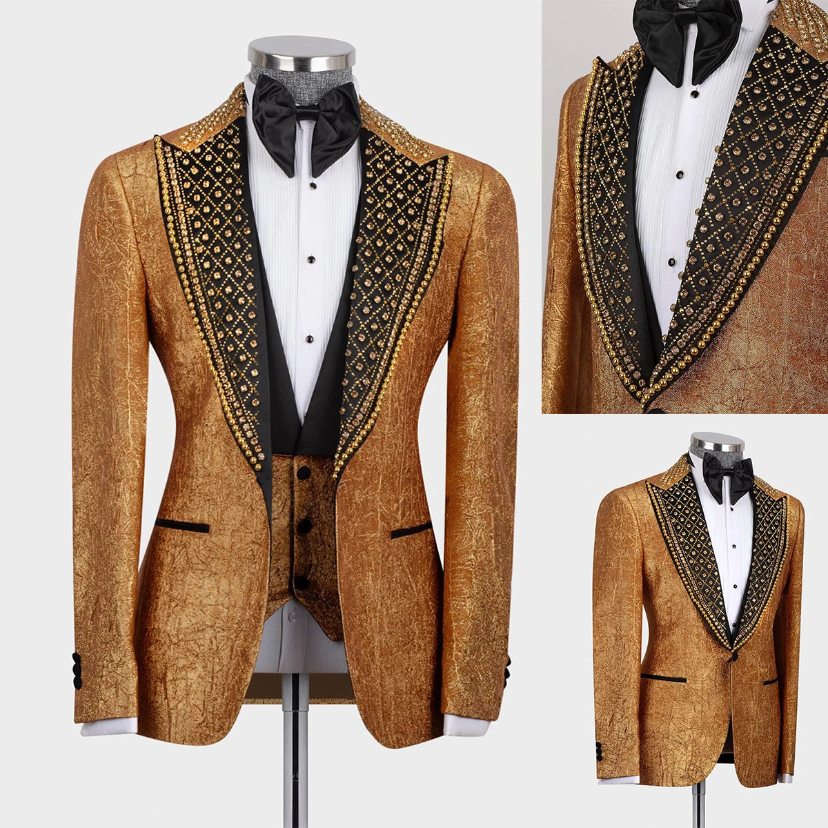 Costumes de marié 3 pièces pour hommes, veste à revers pointu avec pantalon, tenues de soirée et de bal, avec perles dorées