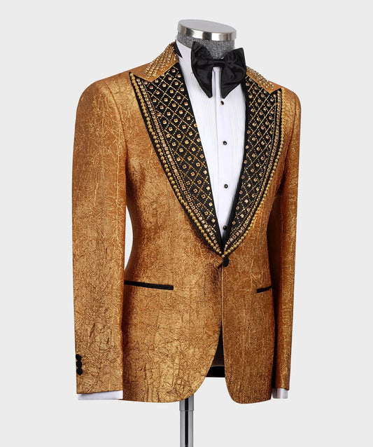 Gold Beading Groom Wear Men Wedding Tuxeods Peaked Lapel Jacket With Pants 3 Piece Business Suits Party Prom Outfits