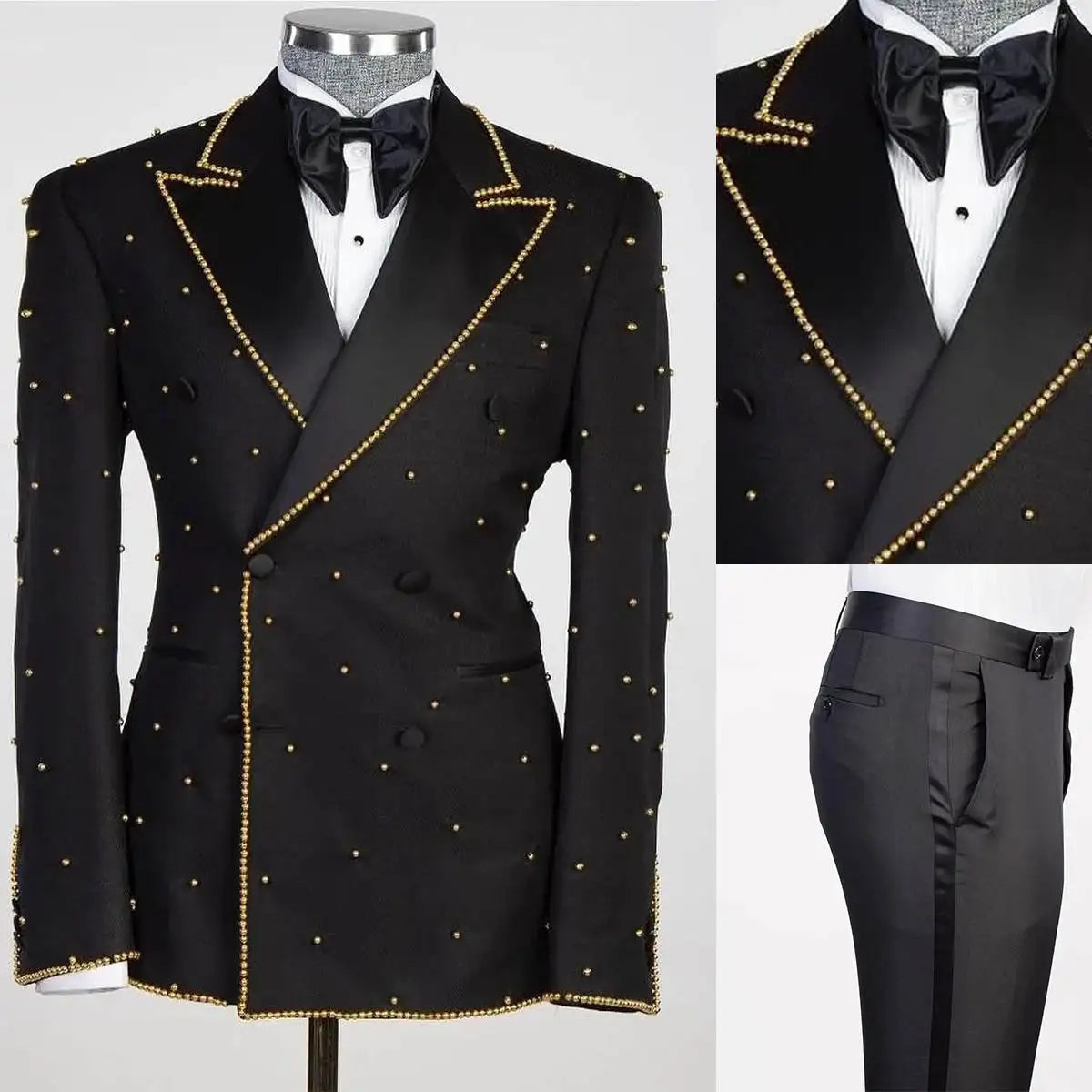 Esmoquin de boda para hombre con cuentas doradas y solapas de pico, hecho a medida, chaqueta y pantalón, 2 piezas, para fiesta de cumpleaños, graduación y novio.