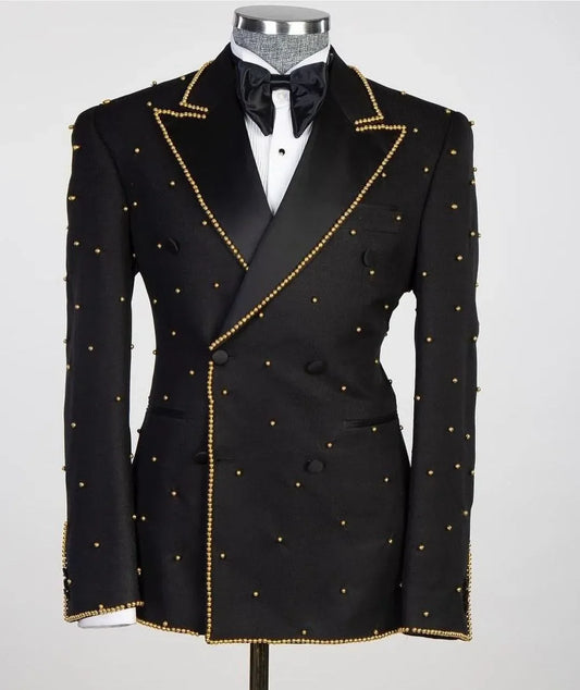 Gold Beads Mens Wedding Tuxedos Beading Peaked Lapel Custom Made Jacket Pants Suits 2 Pieces Birthday Party Prom Groom Wear