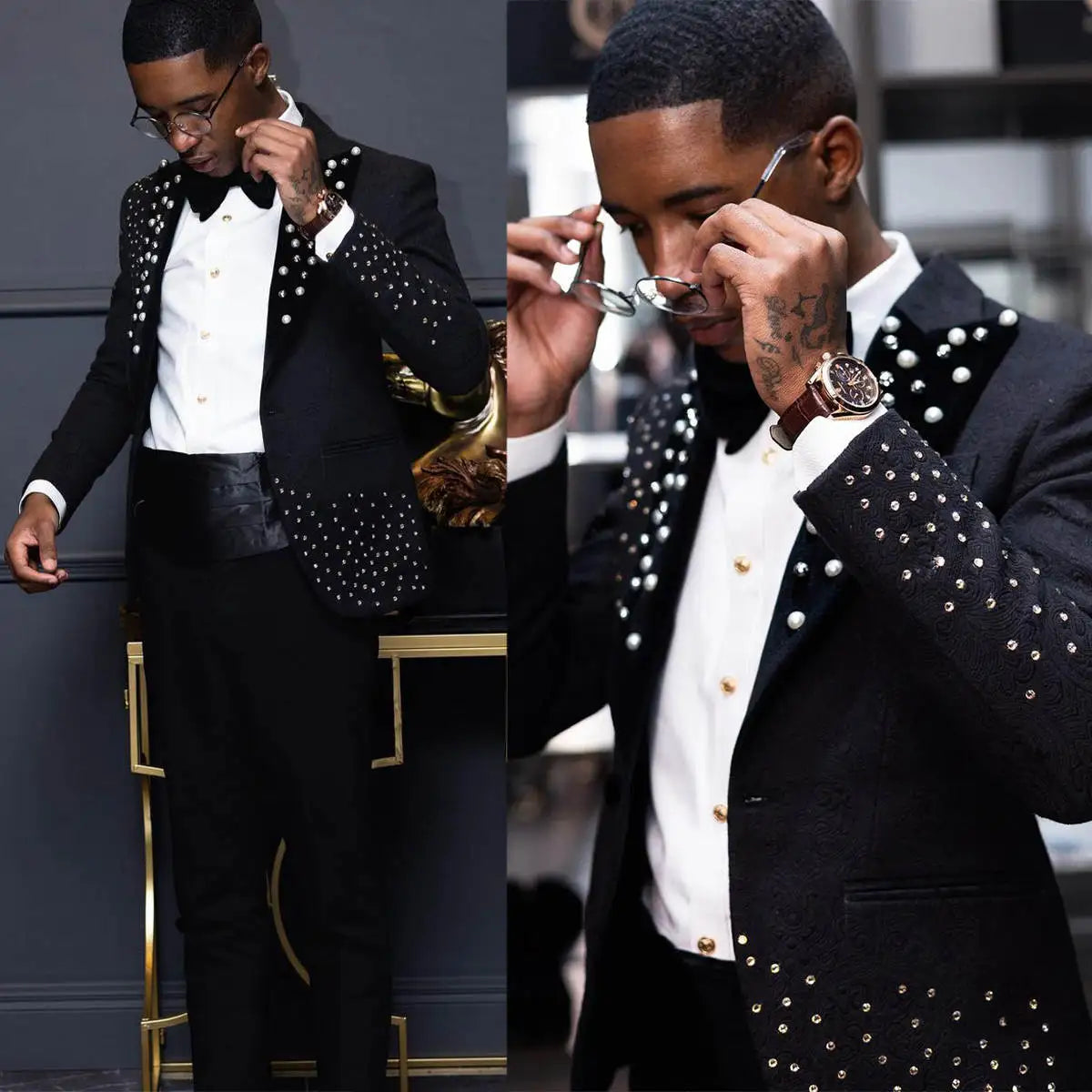 Esmoquin de boda para hombre con cuentas doradas, elegante chaqueta con solapa de pico, pantalones, trajes de 2 piezas para fiesta de cumpleaños, graduación, ropa formal para el novio
