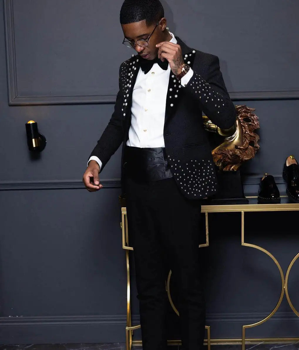 Esmoquin de boda para hombre con cuentas doradas, elegante chaqueta con solapa de pico, pantalones, trajes de 2 piezas para fiesta de cumpleaños, graduación, ropa formal para el novio
