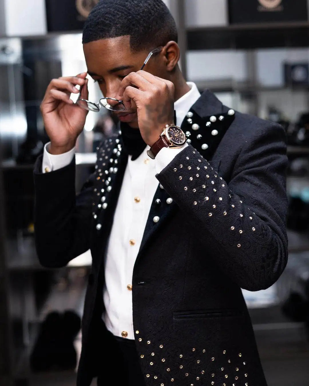 Esmoquin de boda para hombre con cuentas doradas, elegante chaqueta con solapa de pico, pantalones, trajes de 2 piezas para fiesta de cumpleaños, graduación, ropa formal para el novio