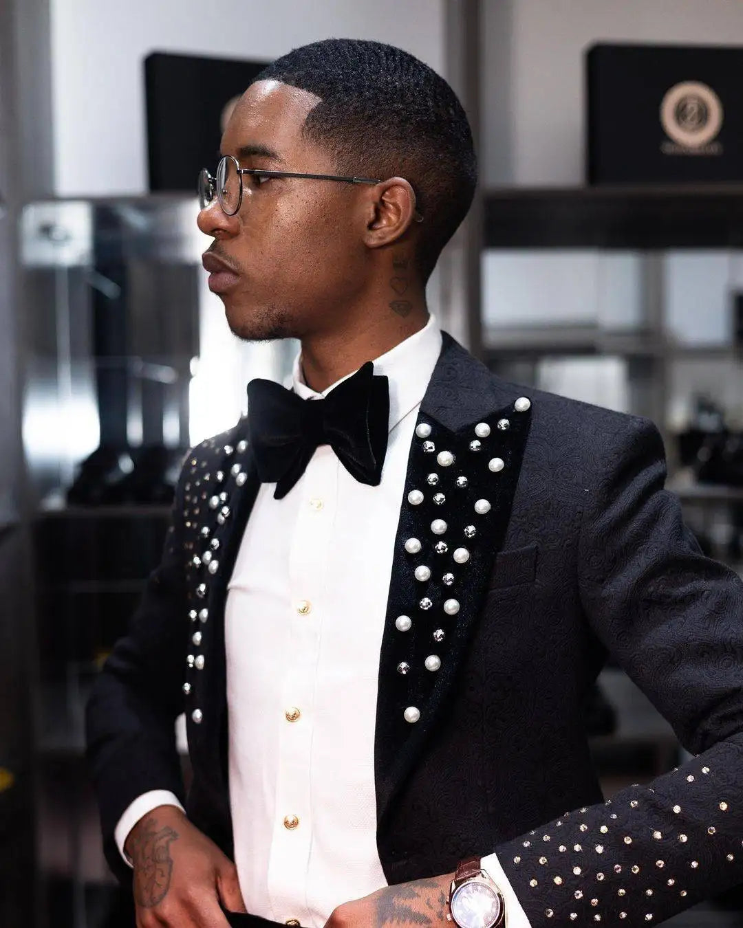 Esmoquin de boda para hombre con cuentas doradas, elegante chaqueta con solapa de pico, pantalones, trajes de 2 piezas para fiesta de cumpleaños, graduación, ropa formal para el novio