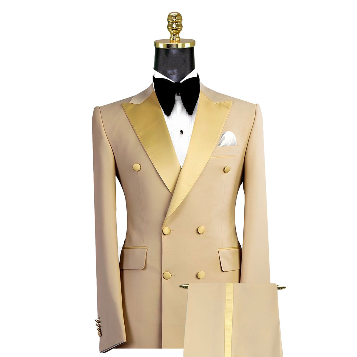 Gold Men Suits 2 Pieces Blazer Pure Pants Double Breasted Tuxedo Modern Lapel Wedding Formal Work Prom Causal Tailored