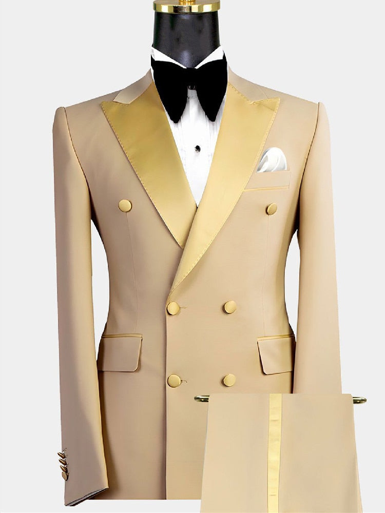 Gold Men Suits 2 Pieces Blazer Pure Pants Double Breasted Tuxedo Modern Lapel Wedding Formal Work Prom Causal Tailored
