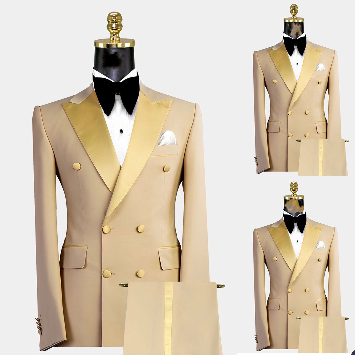 Gold Men Suits 2 Pieces Blazer Pure Pants Double Breasted Tuxedo Modern Lapel Wedding Formal Work Prom Causal Tailored