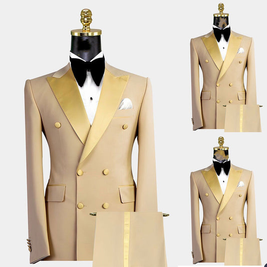 Gold Men Suits 2 Pieces Blazer Pure Pants Double Breasted Tuxedo Modern Lapel Wedding Formal Work Prom Causal Tailored