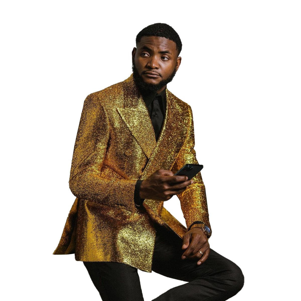 Traje dorado para hombre, 2 piezas, blazer, pantalón negro, un botón, solapa de pico, corte entallado, formal, para boda, novio 