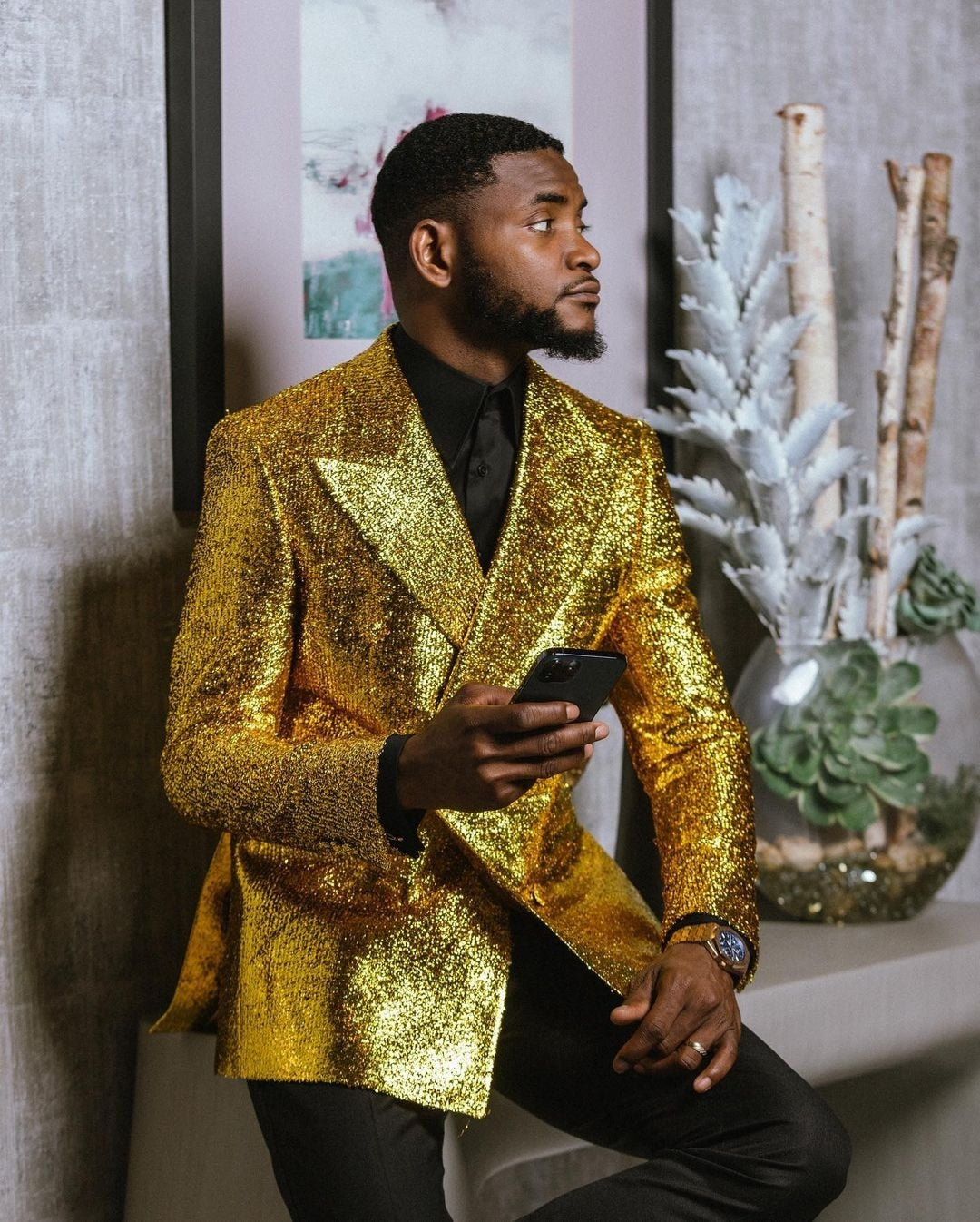 Traje dorado para hombre, 2 piezas, blazer, pantalón negro, un botón, solapa de pico, corte entallado, formal, para boda, novio 