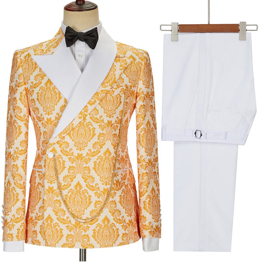 Gold Pattern Men Suits 2 Pieces Plus Size Custom Made Wedding Tuxedos For Business Formal Wear
