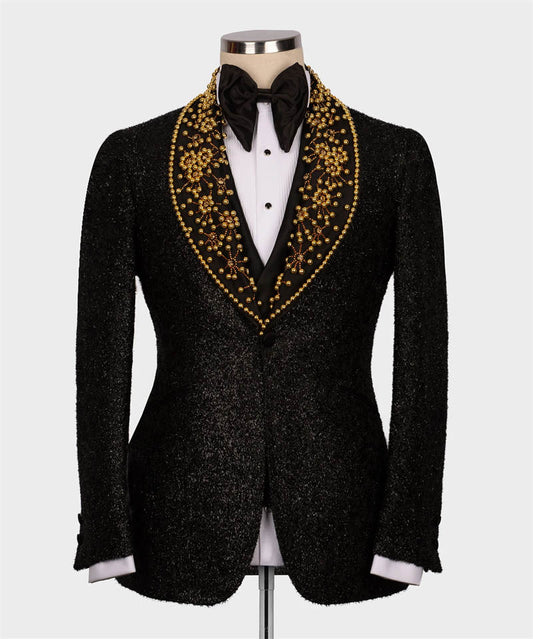 Gold Pearls Black Glitter Groom Wedding Tuxedo Tailored Made 3pcs Blazer Vest Pants Formal Male Prom Party Suit Business Wear