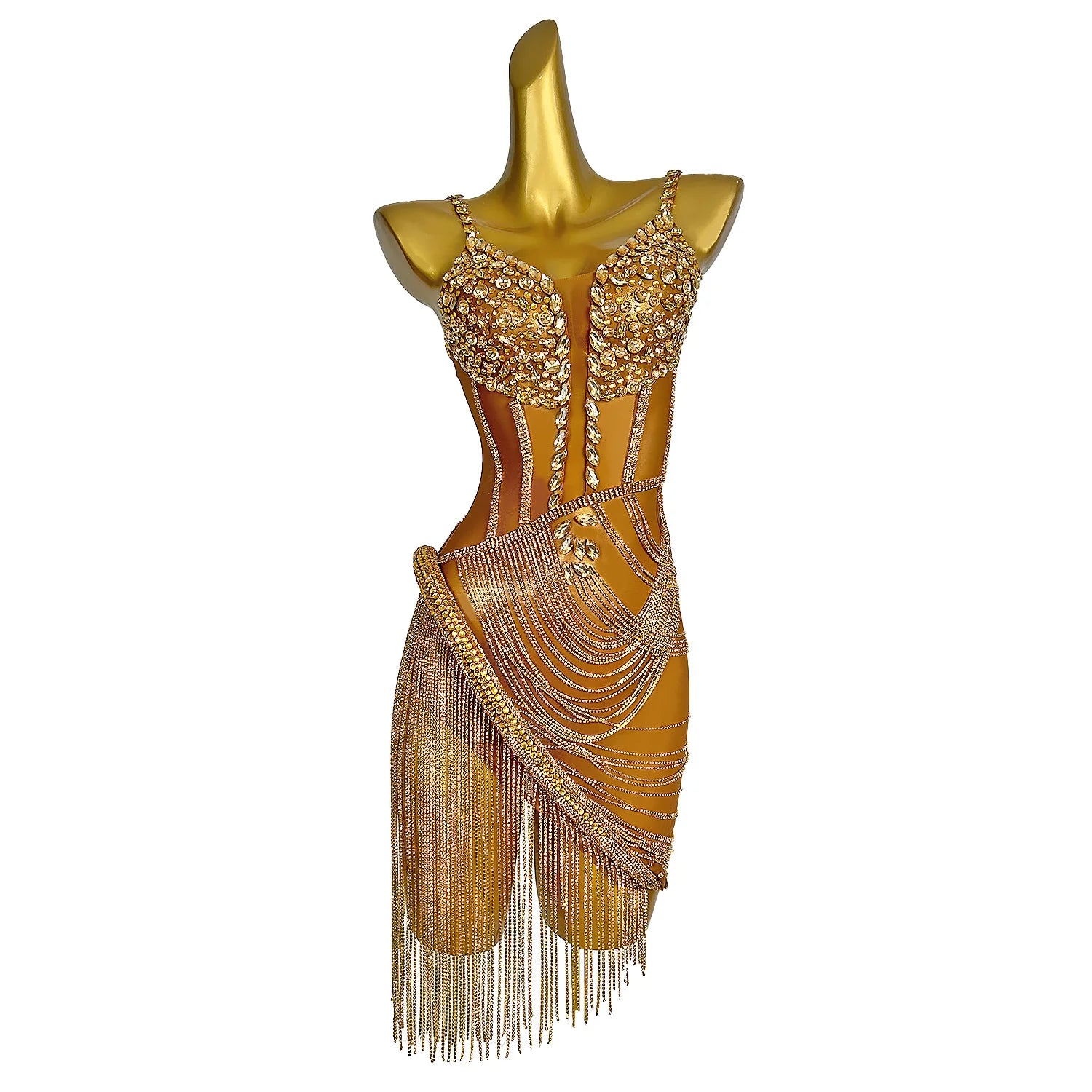 Gold Rhinestones Chains Transparent Short Dress Birthday Celebrate Prom Gowns Evening Costume Dance Performance Dress