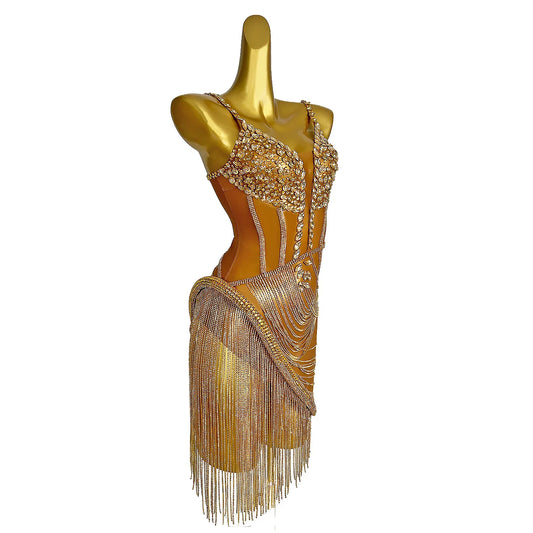 Gold Rhinestones Chains Transparent Short Dress Birthday Celebrate Prom Gowns Evening Costume Dance Performance Dress
