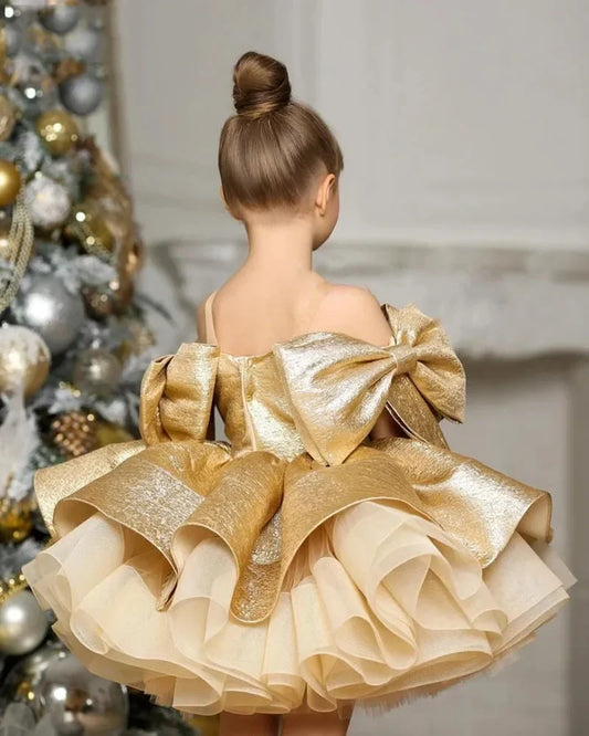Vestido de tul con volantes color champán dorado para niñas, con lazo grande y diseño sin mangas