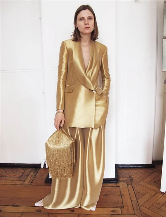 Gold Silk Satin Women Suits Office Set For Wedding Tuxedo 2 Pcs Loose Blazer+Wide Leg Pant Formal Party Prom Evening Custom Made