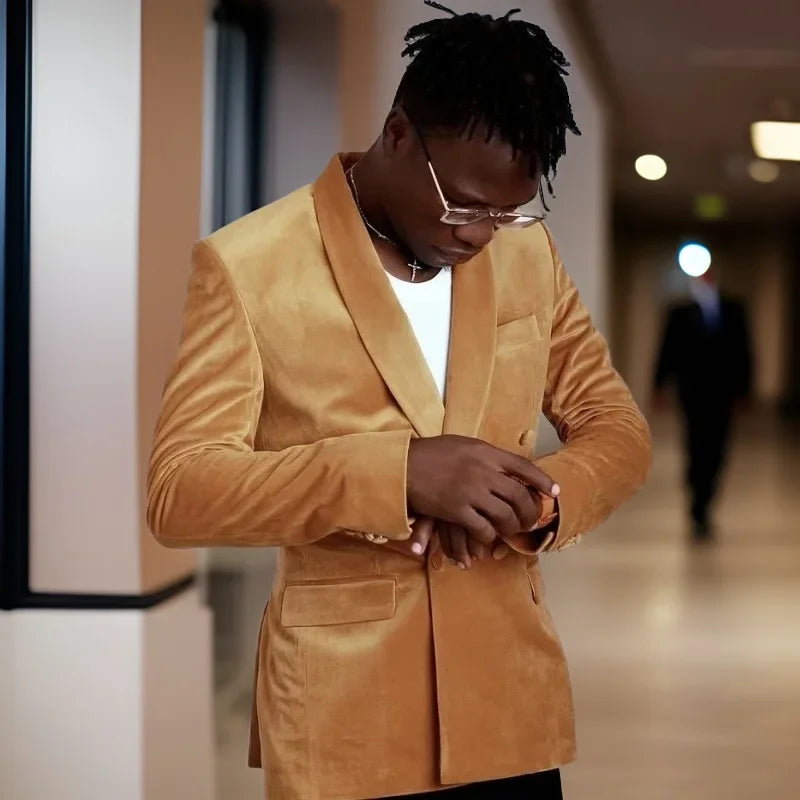 Trajes de hombre de terciopelo dorado, doble botonadura, para boda, novio, esmoquin, corte entallado, chaqueta de fiesta, Terno, 2 piezas, traje masculino