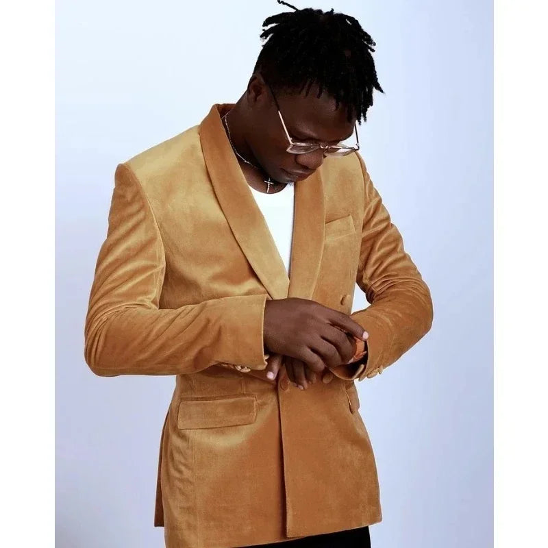 Trajes de hombre de terciopelo dorado, doble botonadura, para boda, novio, esmoquin, corte entallado, chaqueta de fiesta, Terno, 2 piezas, traje masculino