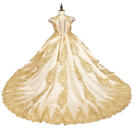 Vestido de princesa elegante con bordado dorado y cola para niñas de lujo