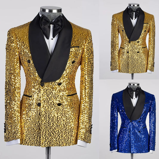 Golden Sequined Men Wedding Jacket Classic Fit Outfits Custom Made Party Prom Blazer Wear One Piece