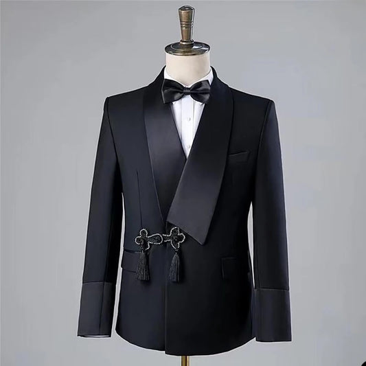 Gorgeous Disc Screw Thread Men Suit Wedding Tassel Shawl Lapel One Buttons Groom Tuxedo Slim Fit Suits 2 Piece(Blazer Pant)