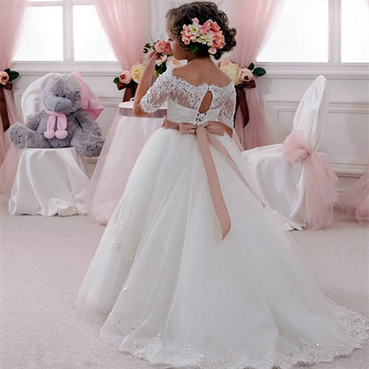 Girls White Lace Wedding Flower Girl Dress with Bow and Long Sleeves