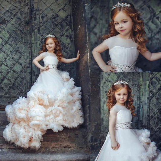 Vestido elegante para niña de flores en blanco y melocotón con falda de tul con volantes y fajín de cuentas 
