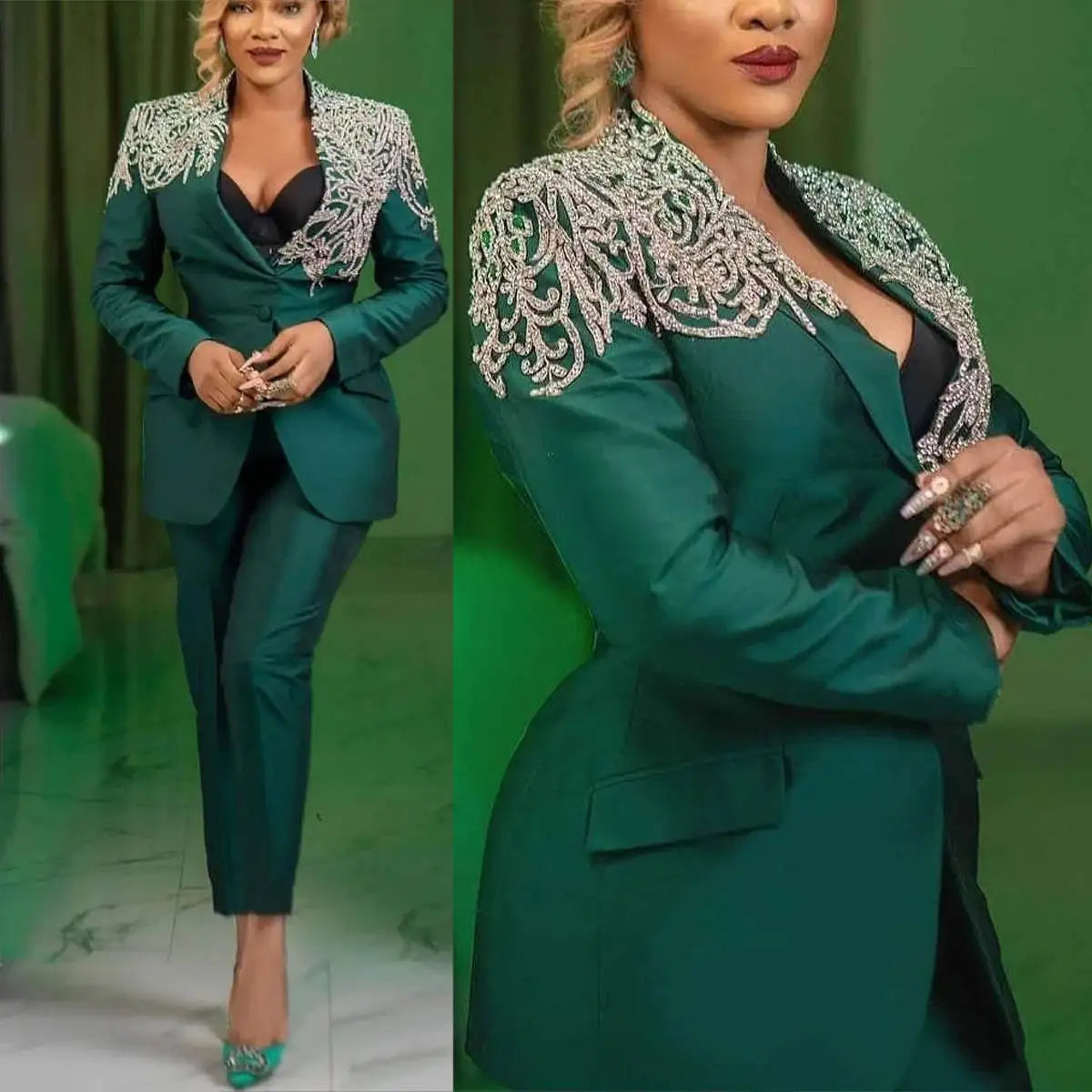 Plus Size Women's Formal Suit Set with Embellished Blazer and Wide Leg Pants, Custom Tailored