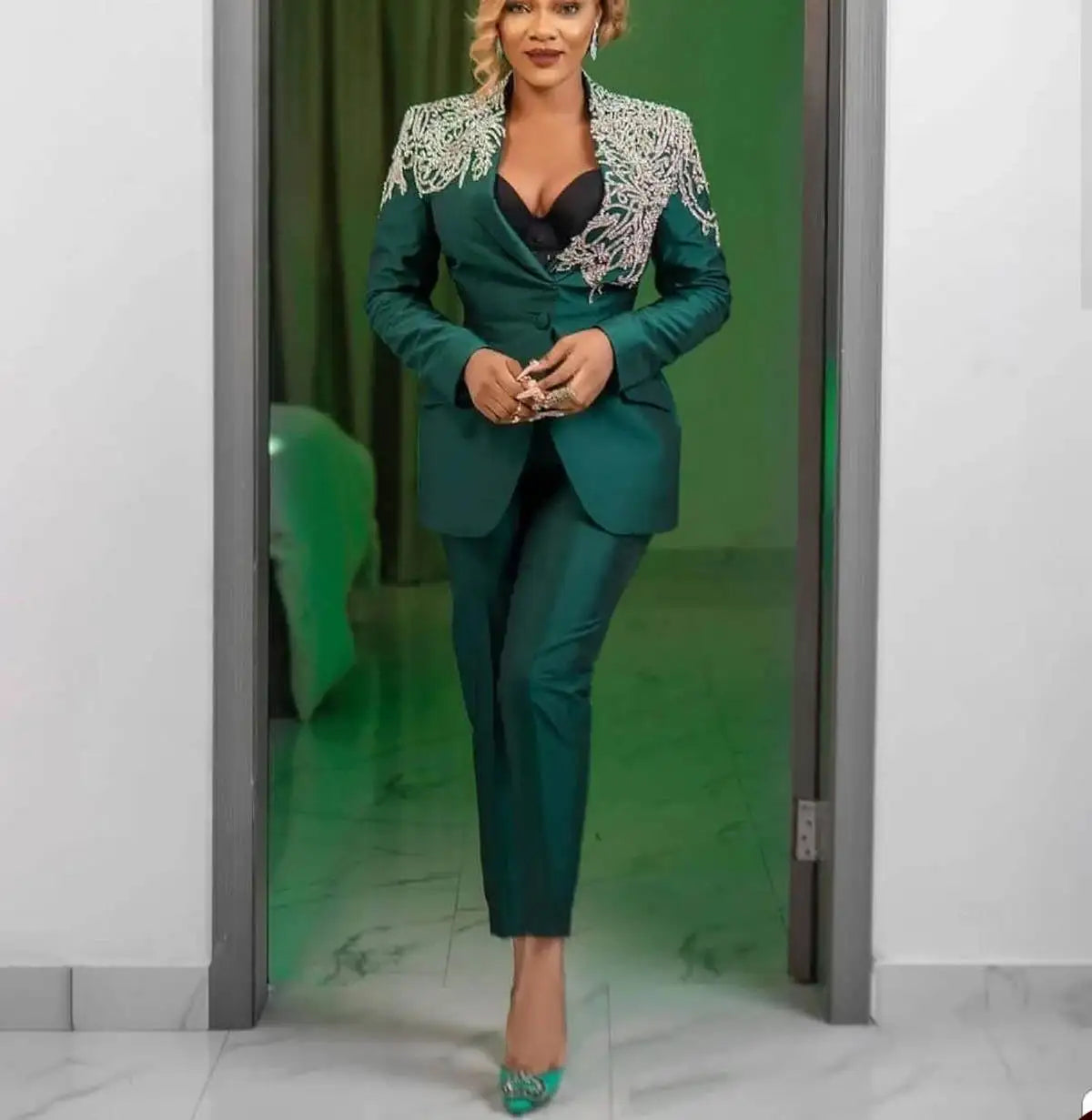 Plus Size Women's Formal Suit Set with Embellished Blazer and Wide Leg Pants, Custom Tailored