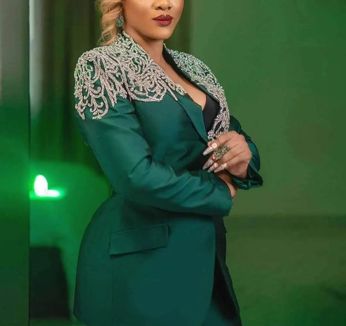 Plus Size Women's Formal Suit Set with Embellished Blazer and Wide Leg Pants, Custom Tailored