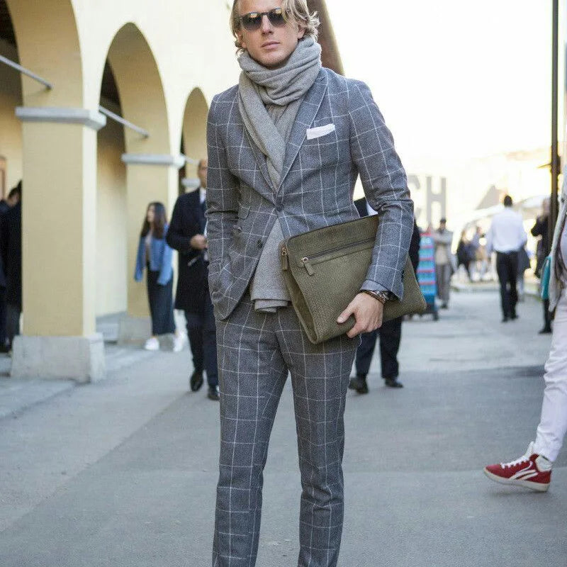 Gray Check Woolen Mens Coat Suits Plus Size Two Button Groom Best Man Coat Formal Business Wedding Blazer 2 Pieces(Jacket+Pants)