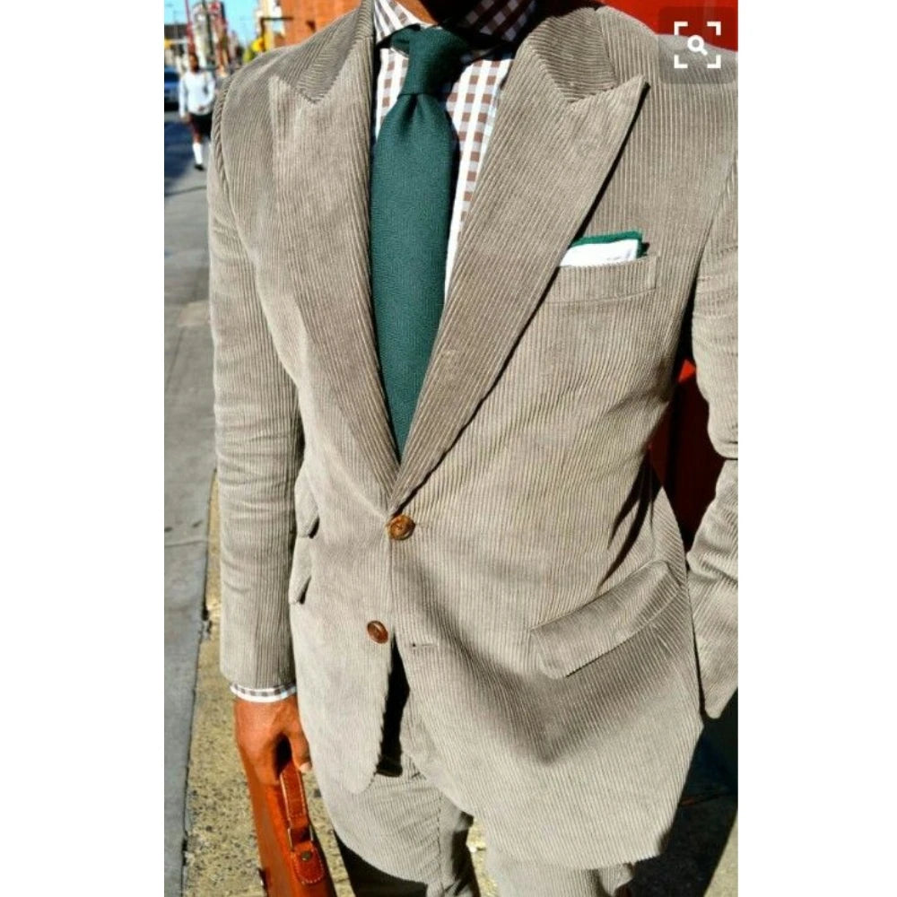 Gray Corduroy Casual Men's Suits 2 Buttons Peaked Lapel Business Suit Formal Wedding Dinner Prom Custom Made Jacket Pants