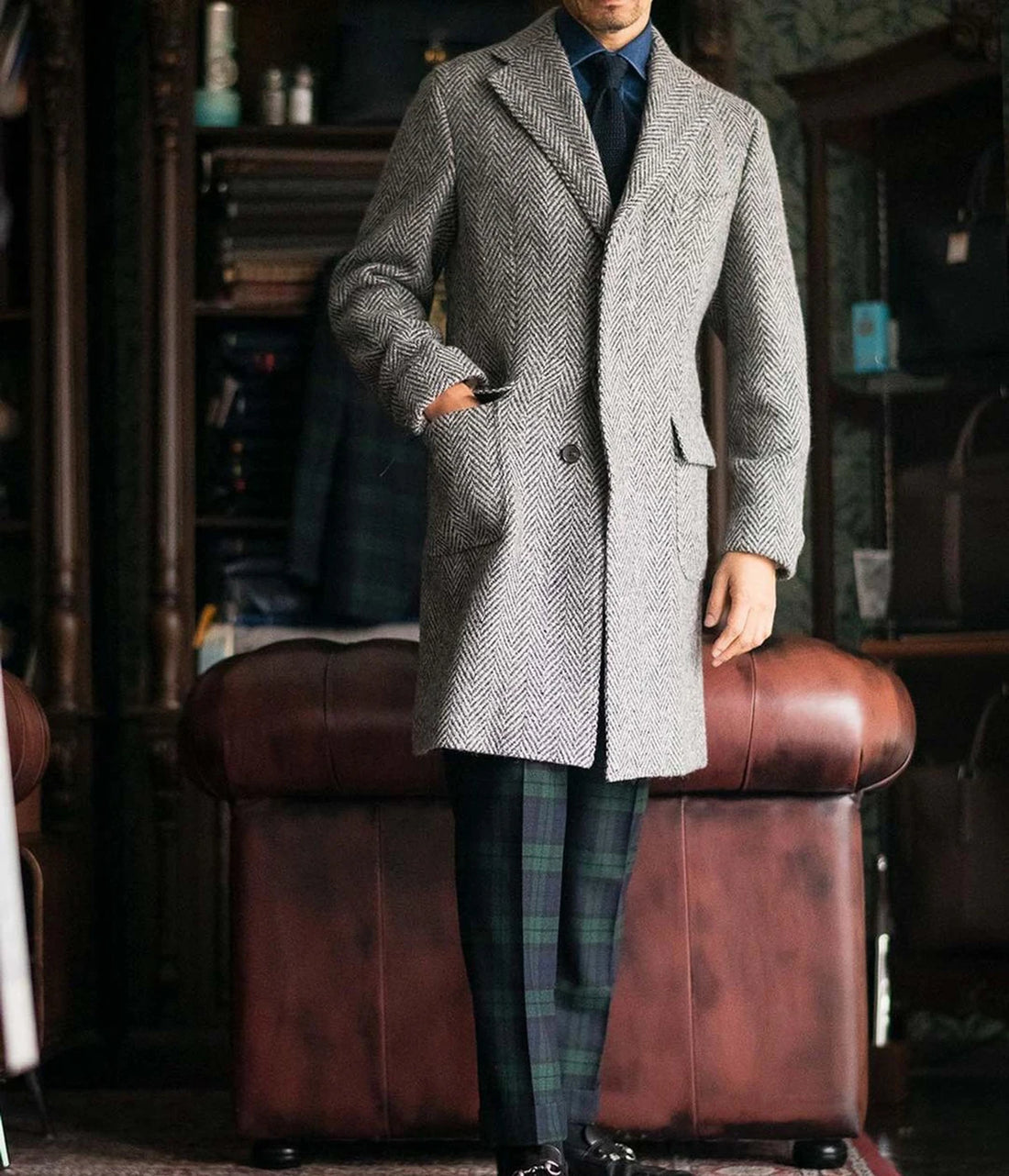Abrigo de espiga gris para hombre, traje a medida de una pieza, abrigo de un solo pecho, abrigo de invierno cálido para negocios, boda, novio, graduación, a medida.