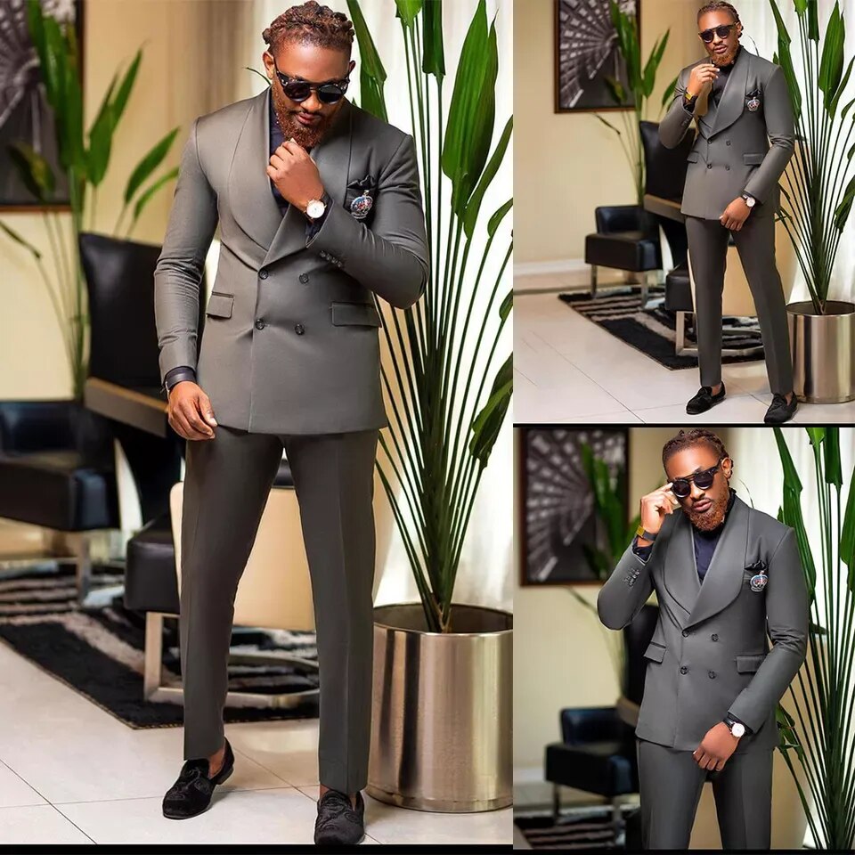 Conjuntos de chaqueta gris, ropa para hombre, blazer cruzado, trajes de boda para hombre, abrigo, pantalón, trajes de estilo empresarial.