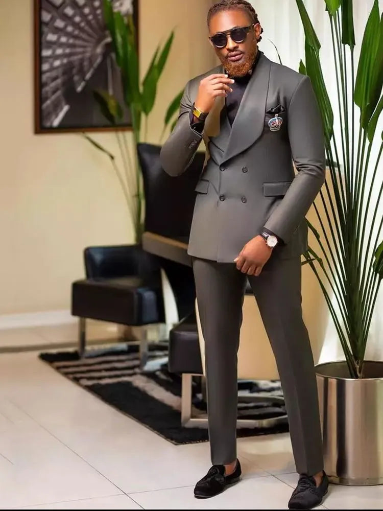 Conjuntos de chaqueta gris, ropa para hombre, blazer cruzado, trajes de boda para hombre, abrigo, pantalón, trajes de estilo empresarial.