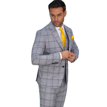 Gray Men Suit 3 Pieces Blazer Vest Pants Single Breasted Peaked Lapel Tuxedo Business Plaid Stripes Wedding Groom Costume Homme