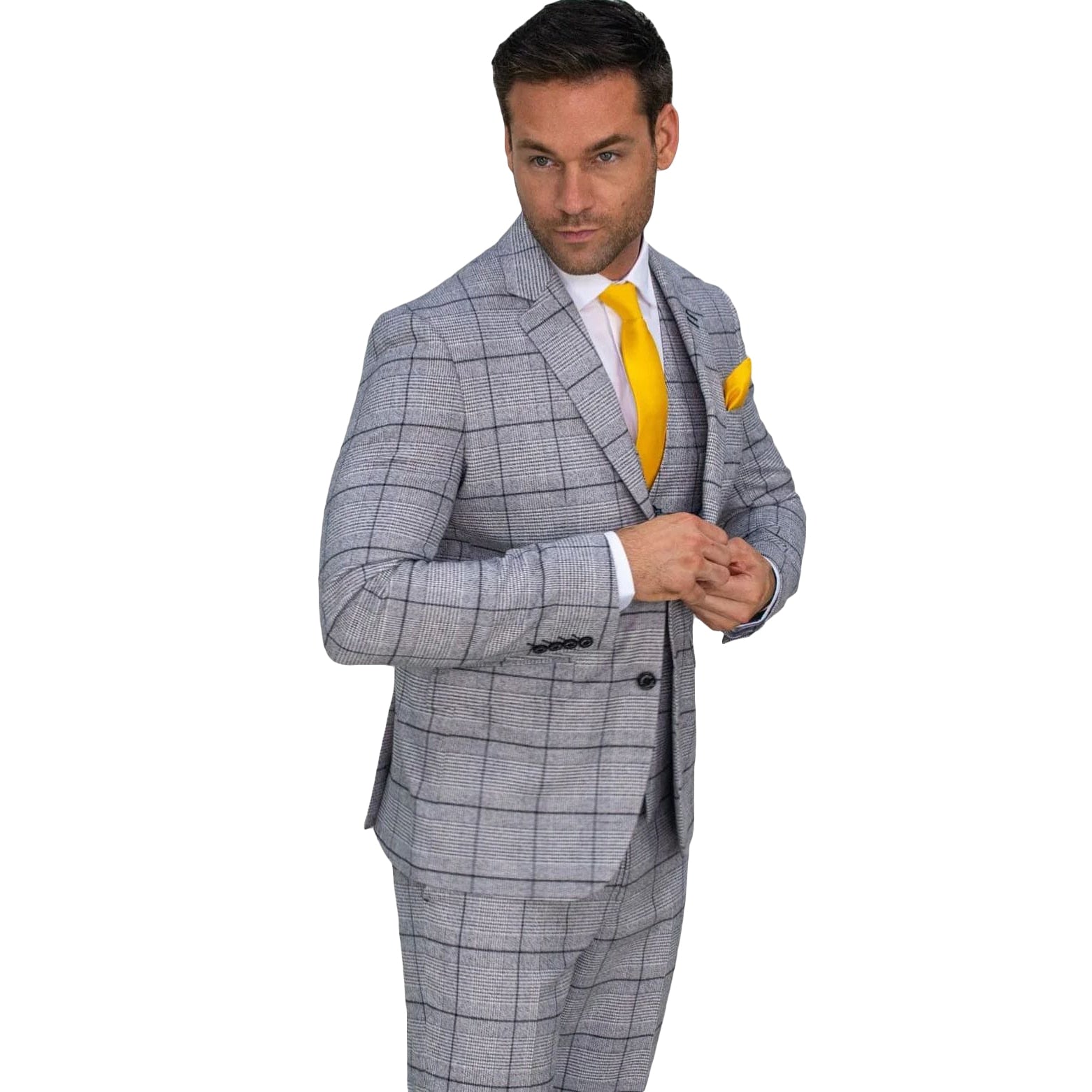 Traje gris para hombre, 3 piezas, blazer, chaleco, pantalones, botonadura sencilla, solapa de pico, esmoquin de negocios a rayas a cuadros, traje de novio para boda.
