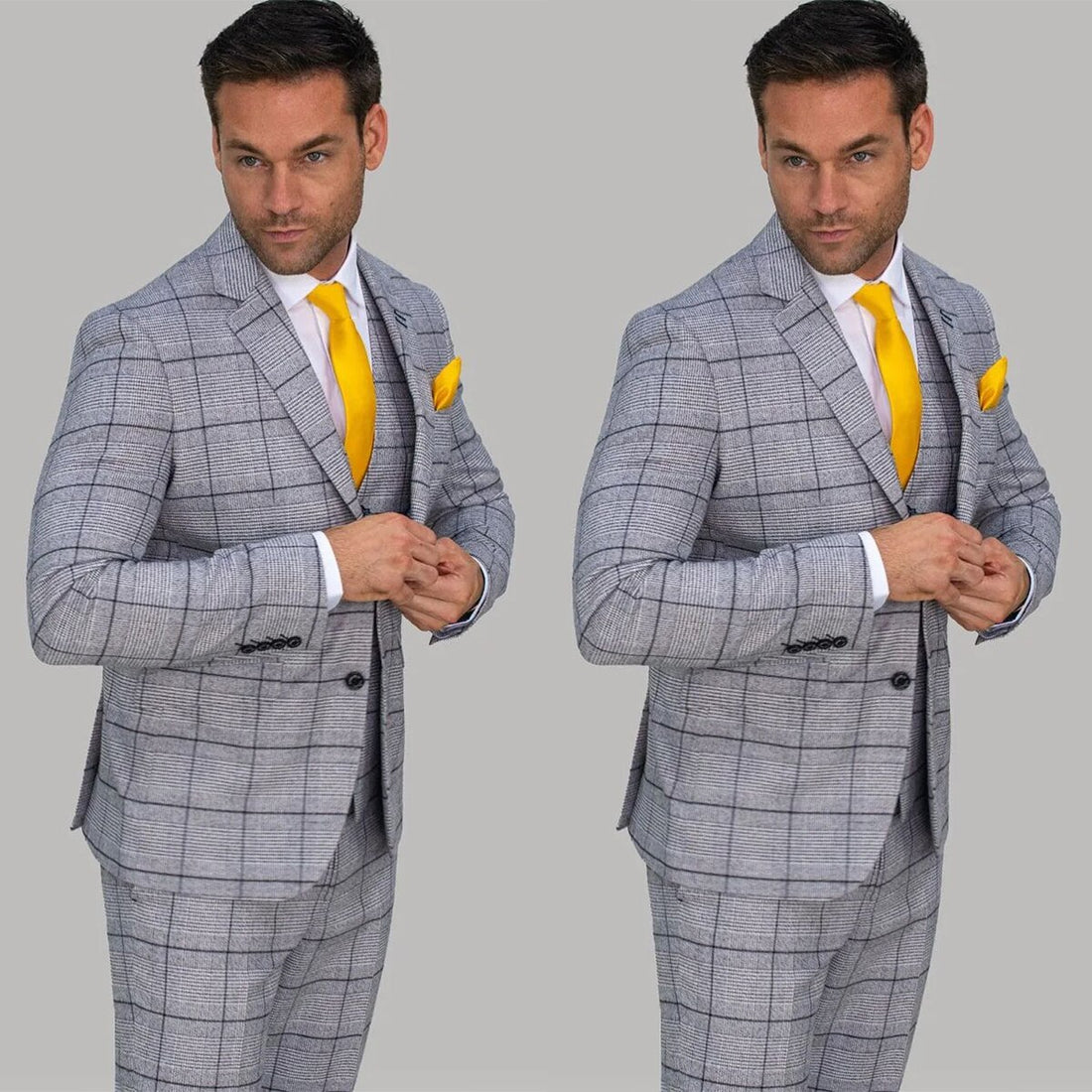 Traje gris para hombre, 3 piezas, blazer, chaleco, pantalones, botonadura sencilla, solapa de pico, esmoquin de negocios a rayas a cuadros, traje de novio para boda.