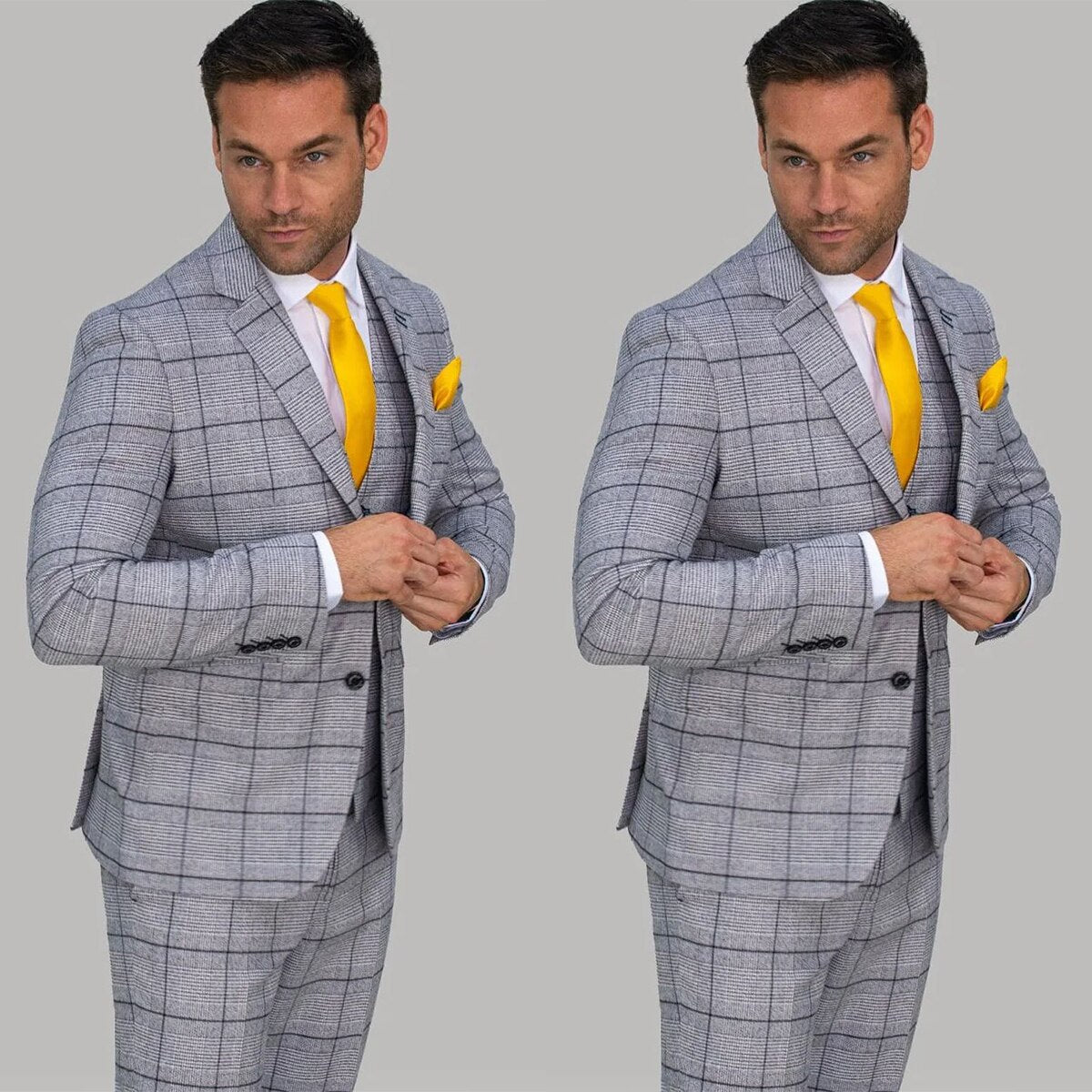 Traje gris para hombre, 3 piezas, blazer, chaleco, pantalones, botonadura sencilla, solapa de pico, esmoquin de negocios a rayas a cuadros, traje de novio para boda.