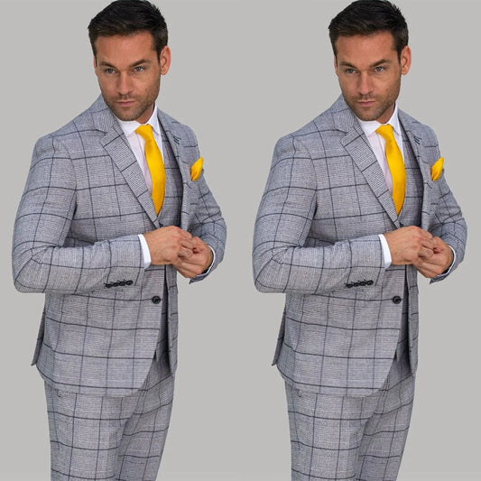 Gray Men Suit 3 Pieces Blazer Vest Pants Single Breasted Peaked Lapel Tuxedo Business Plaid Stripes Wedding Groom Costume Homme