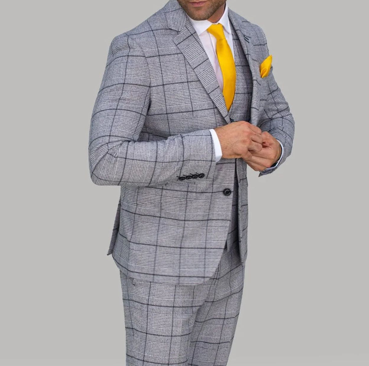 Traje gris para hombre, 3 piezas, blazer, chaleco, pantalones, botonadura sencilla, solapa de pico, esmoquin de negocios a rayas a cuadros, traje de novio para boda.
