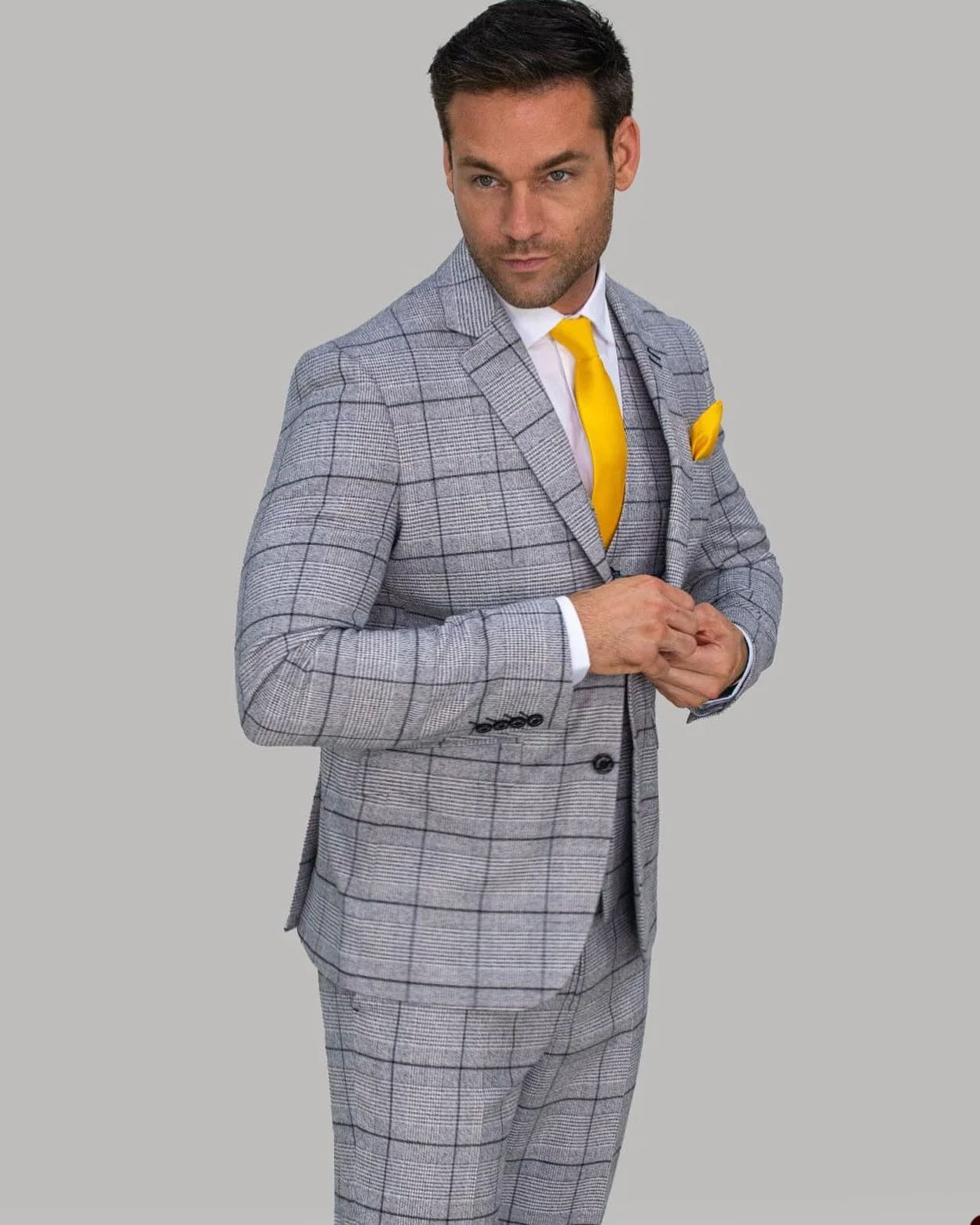 Traje gris para hombre, 3 piezas, blazer, chaleco, pantalones, botonadura sencilla, solapa de pico, esmoquin de negocios a rayas a cuadros, traje de novio para boda.