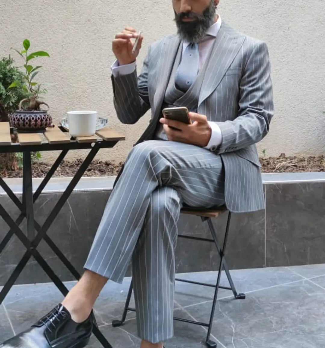Trajes de hombre a rayas grises, a medida, de 3 piezas, blazer, pantalones, botonadura sencilla, corte entallado, para boda, novio, talla grande 