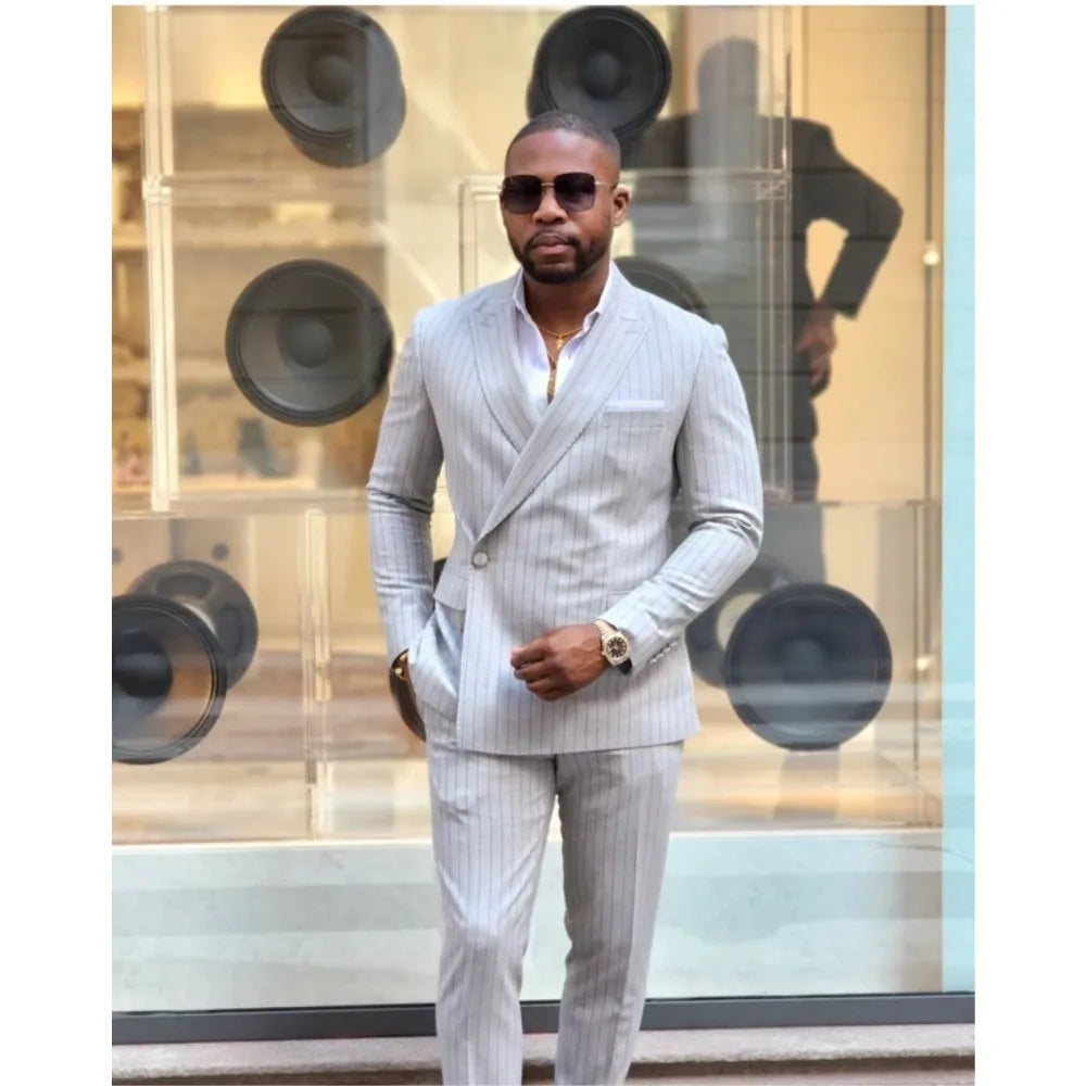 Costume homme gris à rayures, revers pointus, sur mesure, un bouton, coupe slim, blazer masculin, tenue de bal, 2 pièces, veste + pantalon