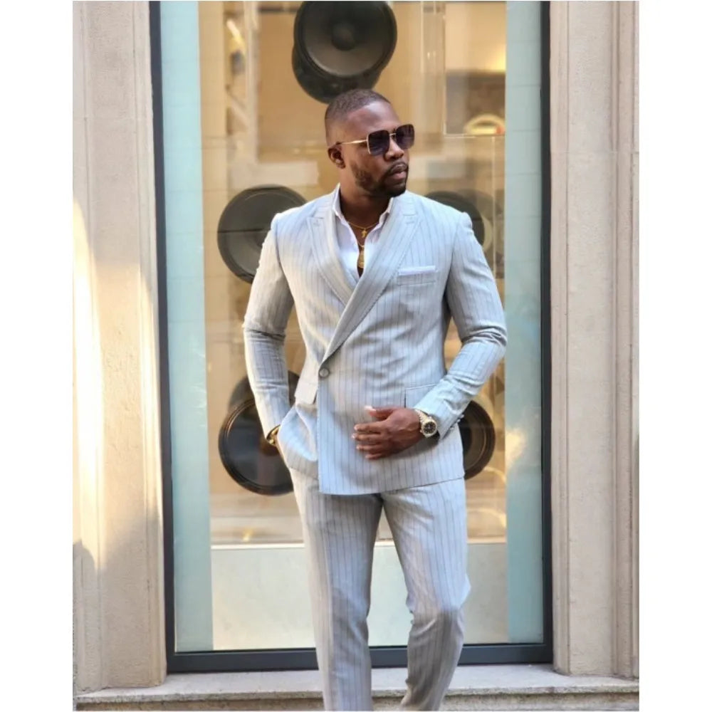 Costume homme gris à rayures, revers pointus, sur mesure, un bouton, coupe slim, blazer masculin, tenue de bal, 2 pièces, veste + pantalon