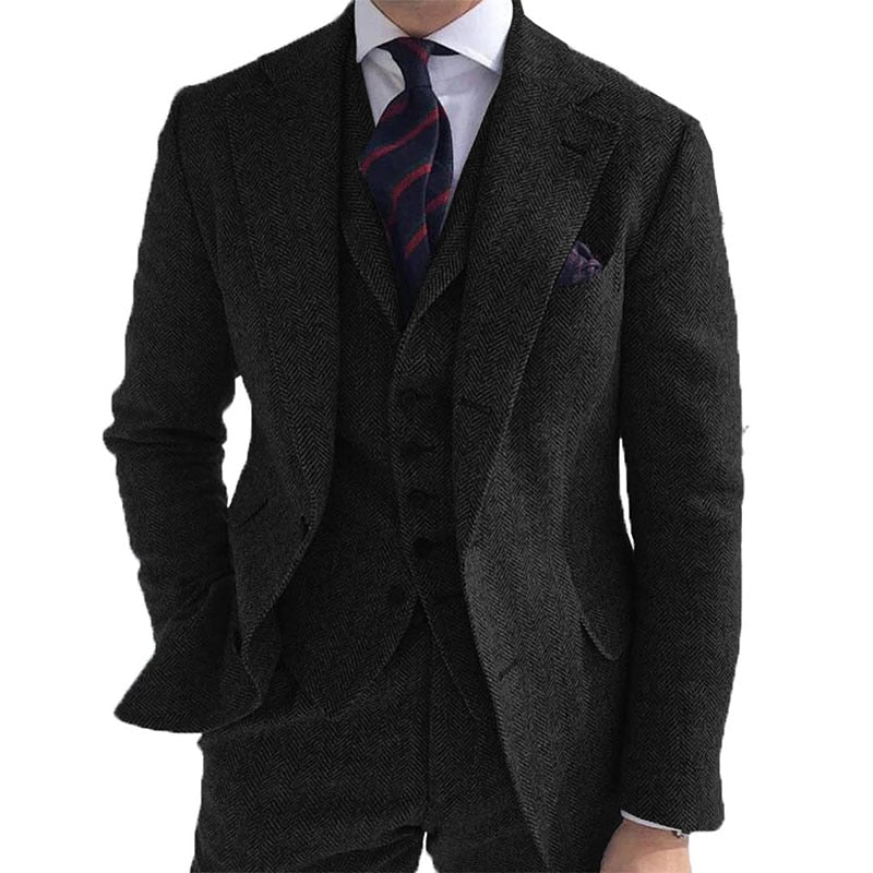 Traje de invierno de tweed de lana gris para hombre, para boda, esmoquin formal de novio, diseño de espiga, 3 piezas (chaqueta, chaleco, pantalón y corbata). 