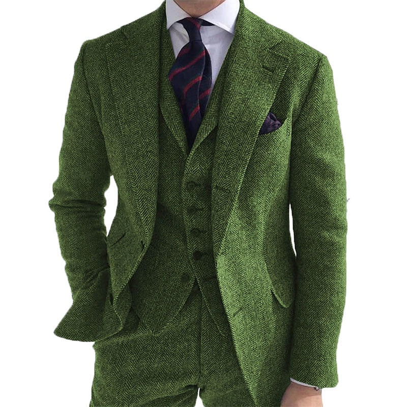 Traje de invierno de tweed de lana gris para hombre, para boda, esmoquin formal de novio, diseño de espiga, 3 piezas (chaqueta, chaleco, pantalón y corbata). 