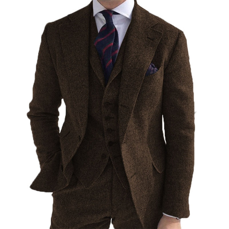 Traje de invierno de tweed de lana gris para hombre, para boda, esmoquin formal de novio, diseño de espiga, 3 piezas (chaqueta, chaleco, pantalón y corbata). 