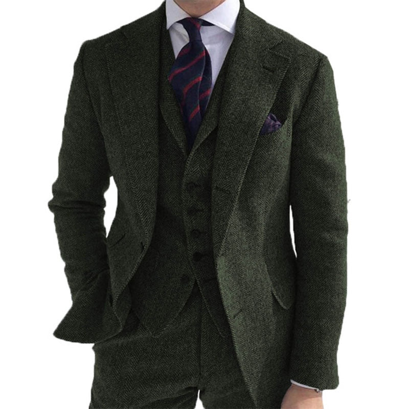Traje de invierno de tweed de lana gris para hombre, para boda, esmoquin formal de novio, diseño de espiga, 3 piezas (chaqueta, chaleco, pantalón y corbata). 