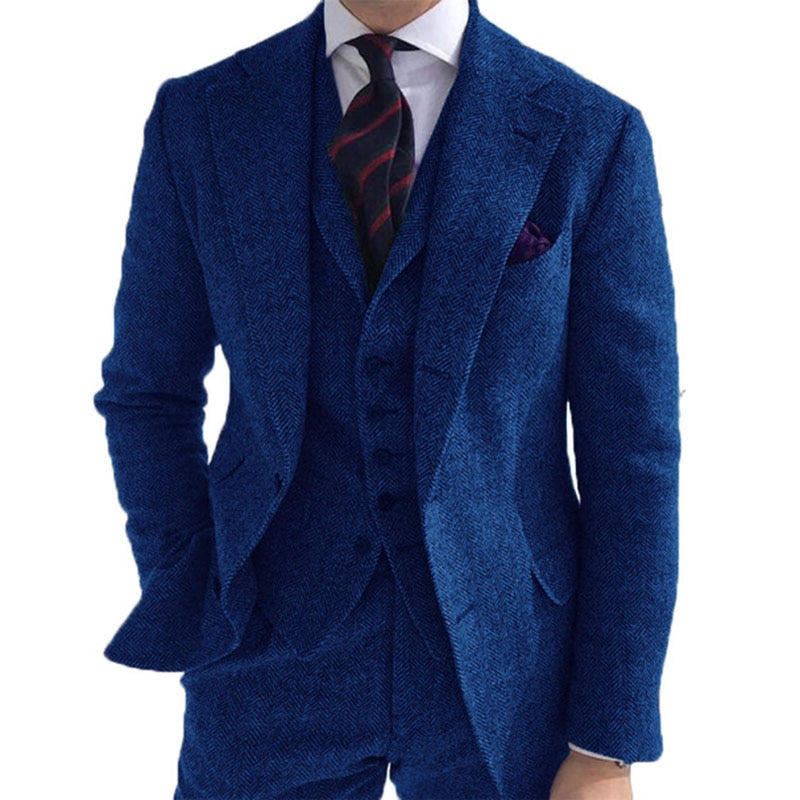 Traje de invierno de tweed de lana gris para hombre, para boda, esmoquin formal de novio, diseño de espiga, 3 piezas (chaqueta, chaleco, pantalón y corbata). 